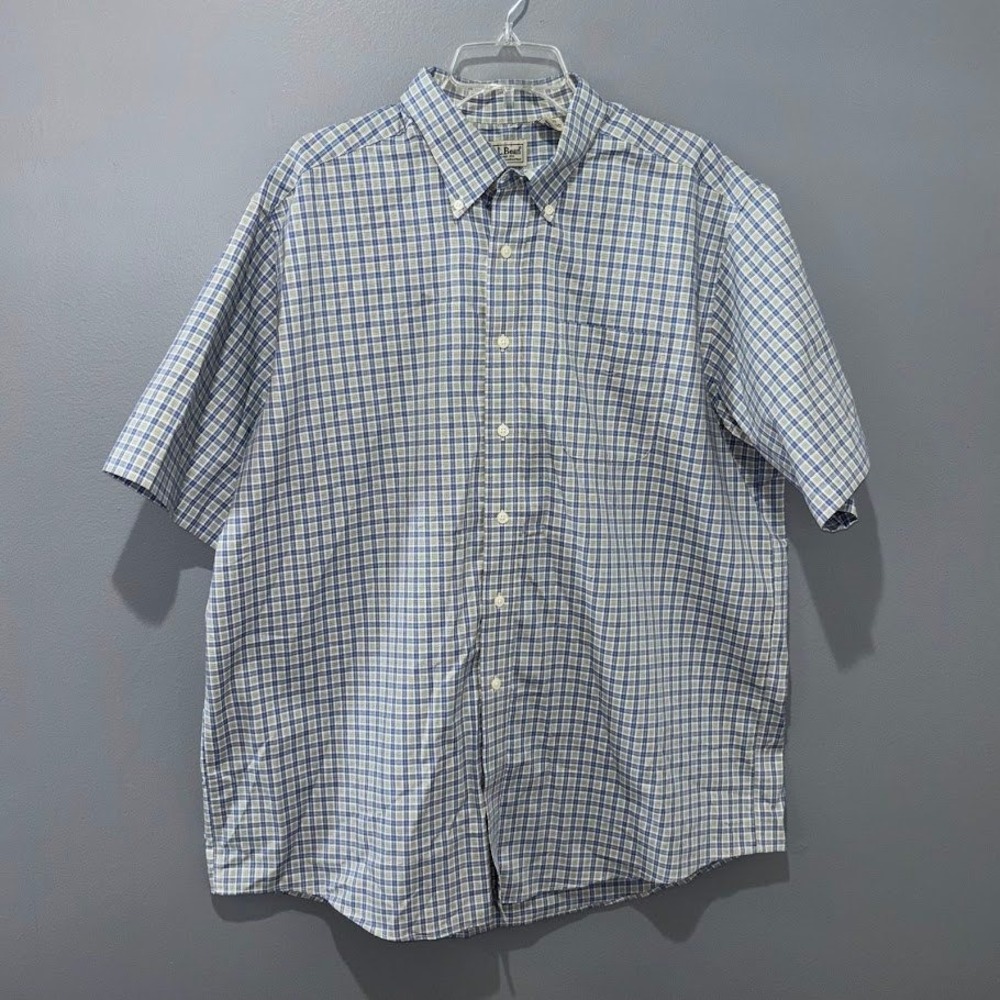 LL Bean Shirt Mens XL Blue Green Plaid Cotton Short Sleeve Button Down‎ Classic